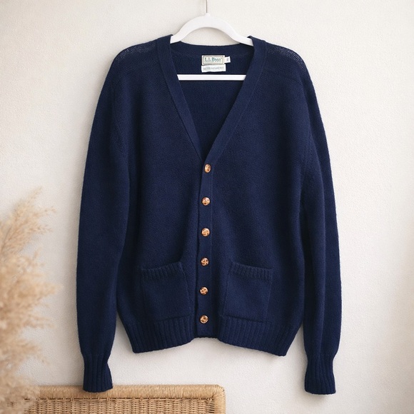 Vintage L.L. Bean 100% Shetland Wool Cardigan Navy Blue XL